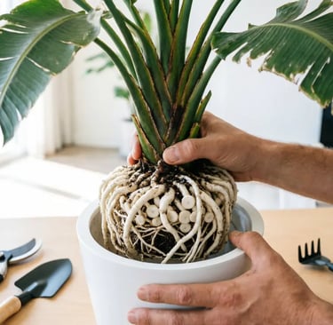 Planta con cepellón lleno de raíces (root bound) pidiendo un trasplante.