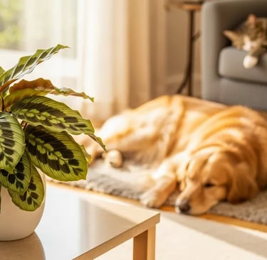Un salón luminoso con una planta Calathea segura para mascotas, y un perro y un gato descansando