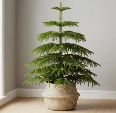 Un Pino de Norfolk decorado suavemente con luces navideñas en un salón moderno y luminoso.