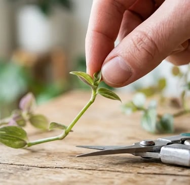 Manos haciendo la técnica de pinzamiento en el brote de una planta de interior junto a unas tijeras