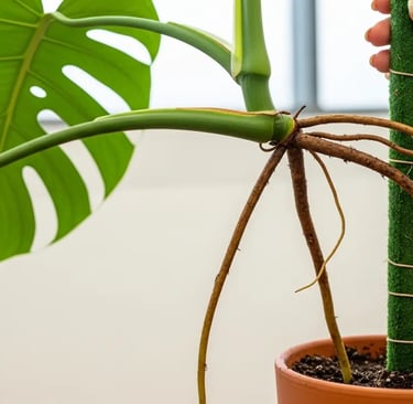 Raíces aéreas marrones de Monstera Deliciosa siendo enterradas en la maceta.