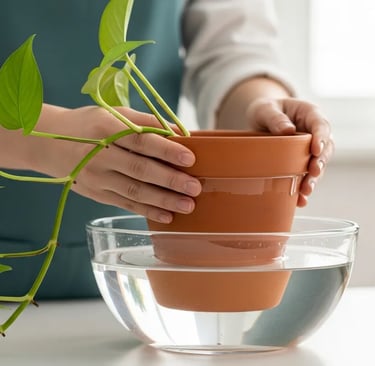 Regando una planta por inmersión (bottom watering) dentro de un recipiente con agua.