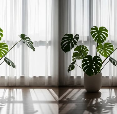 Planta Monstera junto a una ventana con cortinas finas recibiendo luz indirecta brillante.