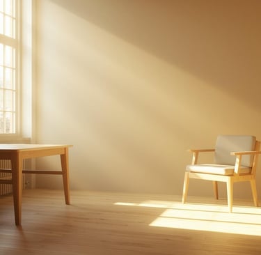 A room with a chair near window, warm natural light