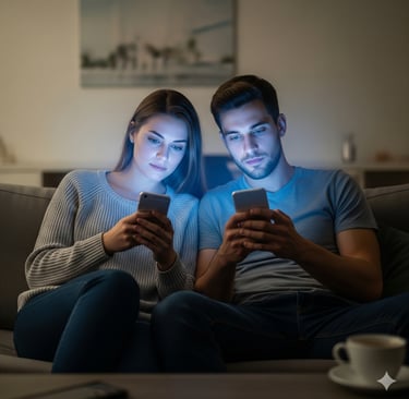 Casal distante emocionalmente enquanto usa celular, representando microtraições digitais