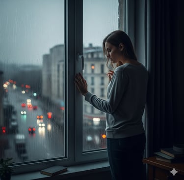 Mulher dedicada ao lar refletindo sobre vulnerabilidade emocional no ambiente doméstico