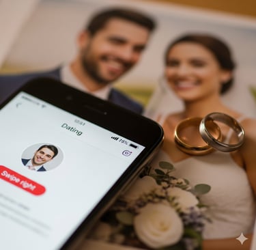 Celular com aplicativo de namoro aberto ao lado de alianças,  traição digital em relaciionamento