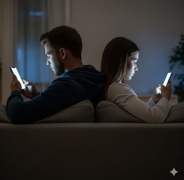 Casal distante no sofá, cada um focado no celular, simbolizando traição virtual no Instagram