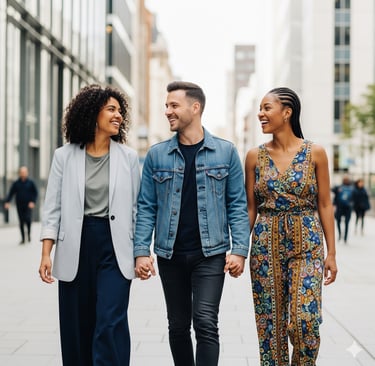 Casal poliamoroso caminhando de mãos dadas em ambiente urbano moderno