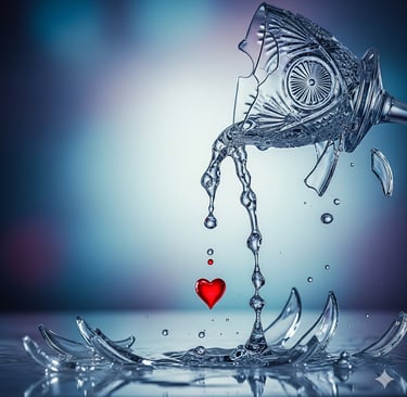 Conceito de amor líquido representado por um copo se quebrando e a água escorrendo, descartável