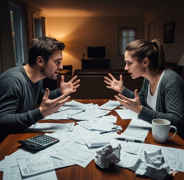 Casal em crise financeira discutindo dívidas e enfrentando como o desemprego pode levar à traição.