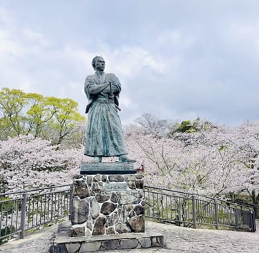 Sakamoto Ryoma statue with cherry blossoms in Nagasaki