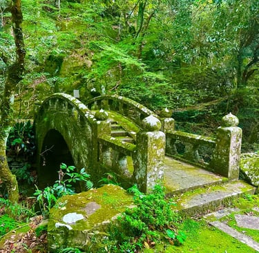Moss-covered ancient stone bridge in a quiet forest in Nagasaki, evoking a timeless and sacred atmos