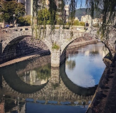 Megane Bridge in Nagasaki, a historic stone arch bridge built in the 17th century with strong Chines