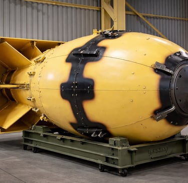 Replica of the “Fat Man” atomic bomb used in Nagasaki, displayed in a museum.