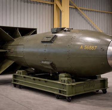Replica of the “Little Boy” atomic bomb used in Hiroshima, displayed in a museum.