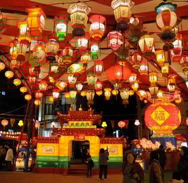 Crowds enjoying the illuminated venues of the Nagasaki Lantern Festival in central Nagasaki