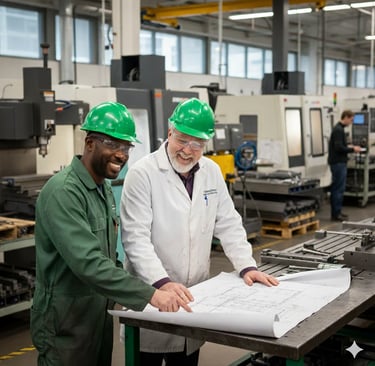 two men in hard hats and hard hats are standing in a factory