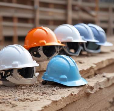 Sleek safety helmets and gloves displayed with futuristic lighting.