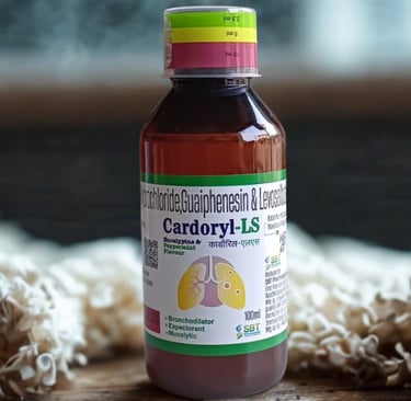 Cardoryl-LS cough syrup bottle with bronchodilator, expectorant and mucolytic for respiratory relief