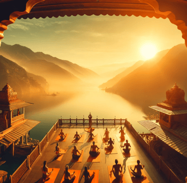 a group of people doing yogas in a lake