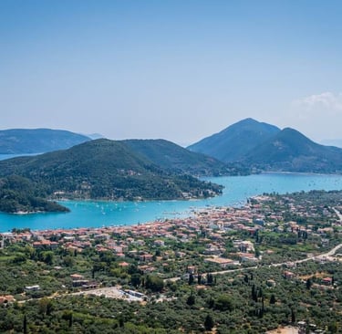 Panoramic view of Nidri a bay with boats in the water