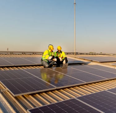 Dos personas utilizando casco de protección y uniforme amarillo realizando revisión en paneles solares industriales.