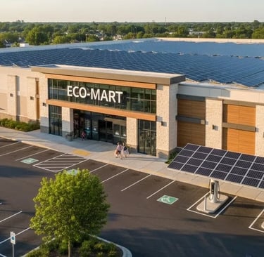 Fotografía desde arriba de un centro comercial que tiene en su techo paneles solares para industrias retail.