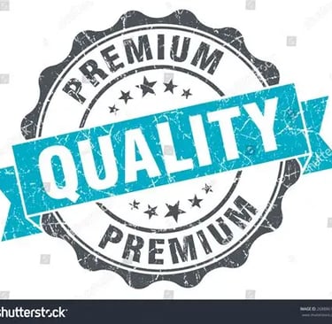 Distressed premium quality stamp with a blue ribbon and stars on a white background.