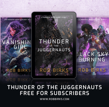 Book covers for Paradise Moon series, including free ebook Thunder of the Juggernauts