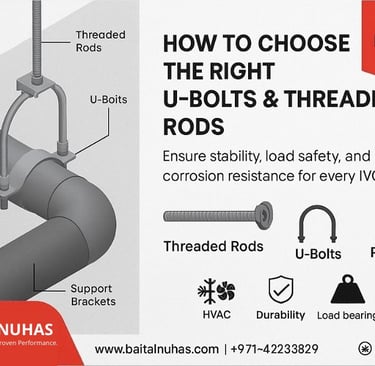 Threaded rods and U-bolts used for HVAC suspension and pipe support