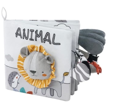 Livre en tissu coloré avec textures et sons, adapté aux bébés de 3 à 6 mois, favorise l’éveil