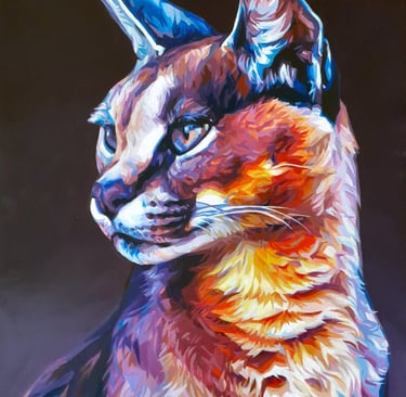 a painting of a caracal with purple and orange colouring on a dark background