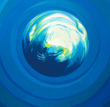 a painting of a very round seal in a blue sea 