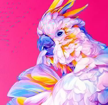 a painting of a cockatoo with bright tinted feathers on a bright pink background