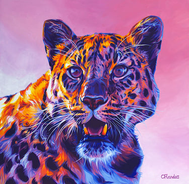 a painting of a leopard on a pink background with gold coloured highlights
