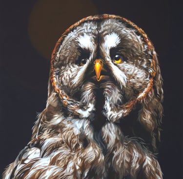 a painting of a great grey owl with dramatic lighting