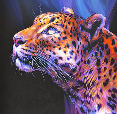 a painting of a leopard gazing up at a light source with blue highlights