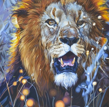 a painting of a male lion with full mane in golden lighting