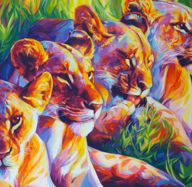 a painting of four lionesses lying in the grass in bright primary colours