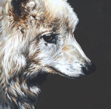 a painting of a white wolf in profile