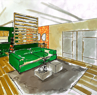 Croquis de perspective d'un salon d'un projet de HOJE STUDIO