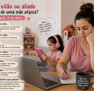 Mãe atípica trabalhando e cuidando da casa enquanto sua filha usa o celular na rotina materna.