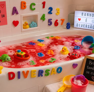 banho divertido com brinquedos, letras e números em banheira colorida representando rotina acolhedor