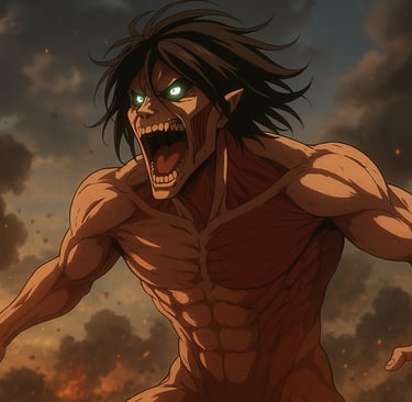 Eren Yeager em sua forma Titã rugindo em meio a fumaça e destruição no anime Attack on Titan.