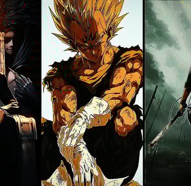 "Banner de animes com personagens inspirados em Dragon Ball, Death Note e Attack on Titan, em estilo