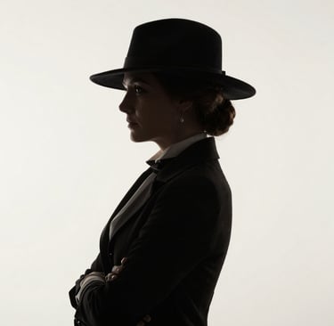 Silhouette profile of a woman in a black fedora hat and vintage blazer with arms crossed.