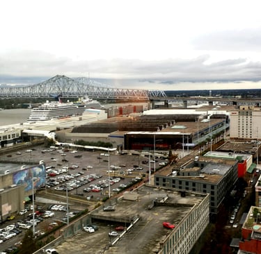 A large cruise ship docked in a harbor, New Orleans, Louisiana, USA