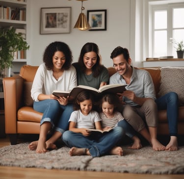 A chapel with a large circular window framing an intricate tree against a clear blue sky. The altar is adorned with green foliage, white flowers, and multiple candles on either side. An open book, likely a Bible, and a wooden cross are placed on the altar. The phrase 'OUR FATHER IN HEAVEN' is inscribed on the stone wall below the altar.