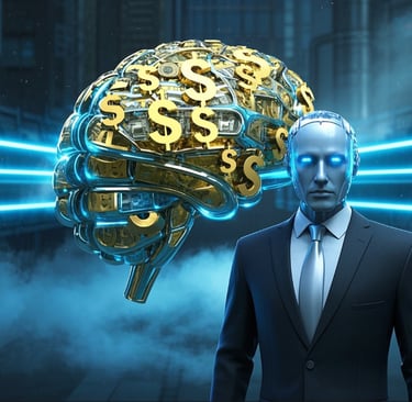 ai male robot business suit standing next to a brain covered in gold dollars ai/psychology/finance.